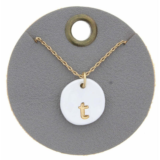 16" White Stamped Initial "T" Disk Necklace, 3" Ext