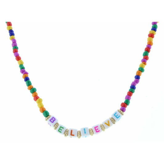 Kids 14" Block Lettered " Believe" Multi Rainbow Beaded Necklace, 3" Ext