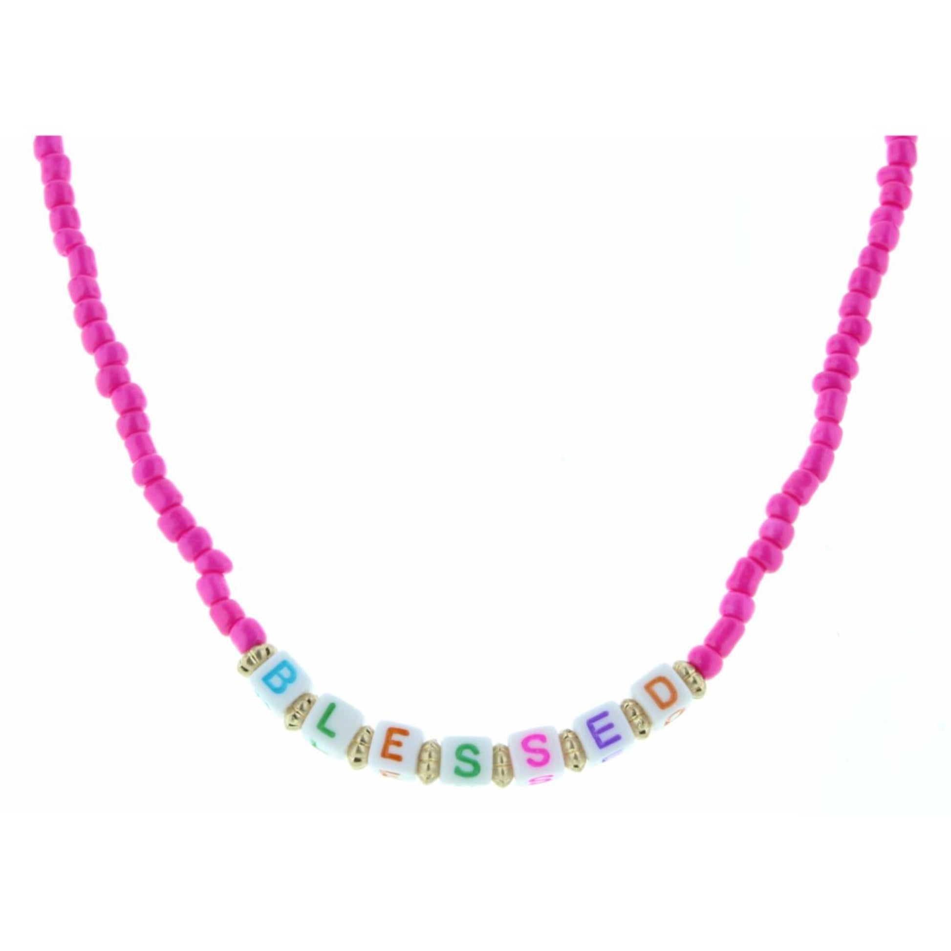 Kids 14" Block Lettered "Blessed" Hot Pink Beaded Necklace, 3" Ext