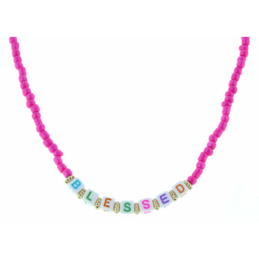 Kids 14" Block Lettered "Blessed" Hot Pink Beaded Necklace, 3" Ext