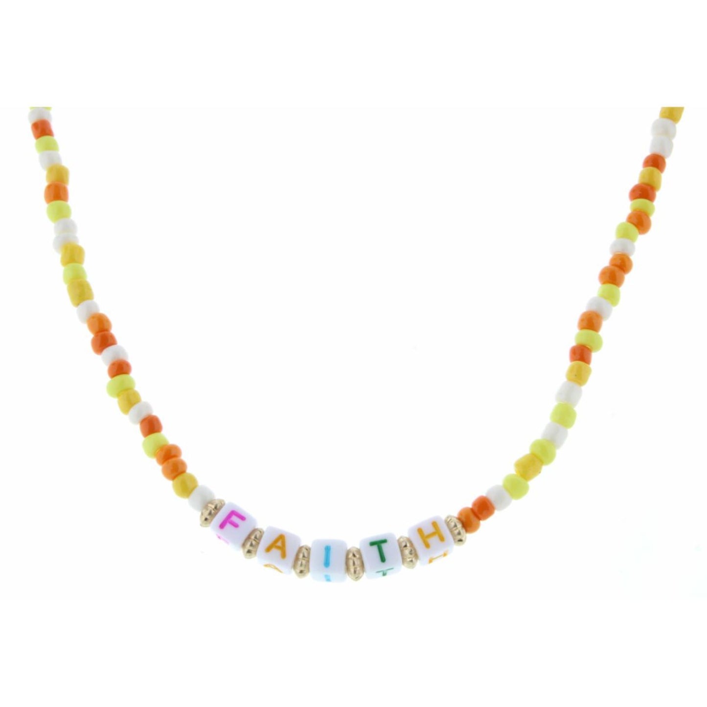 Kids 14" Block Lettered " Faith" Yellow, Hot Pink, TQ Beaded Necklace, 3" Ext