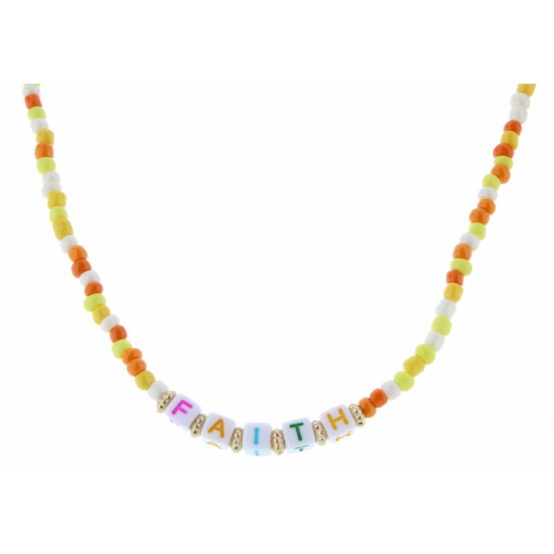 Kids 14" Block Lettered " Faith" Yellow, Hot Pink, TQ Beaded Necklace, 3" Ext