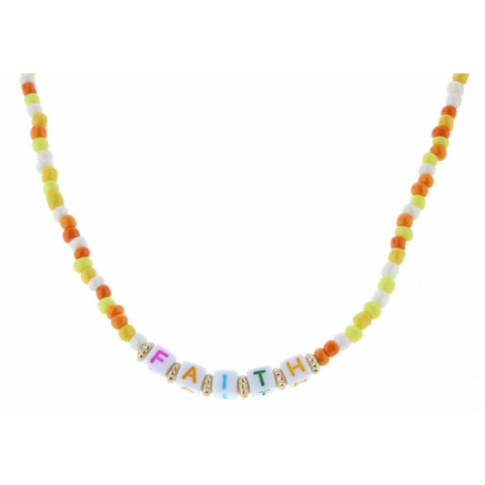 Kids 14" Block Lettered " Faith" Yellow, Hot Pink, TQ Beaded Necklace, 3" Ext