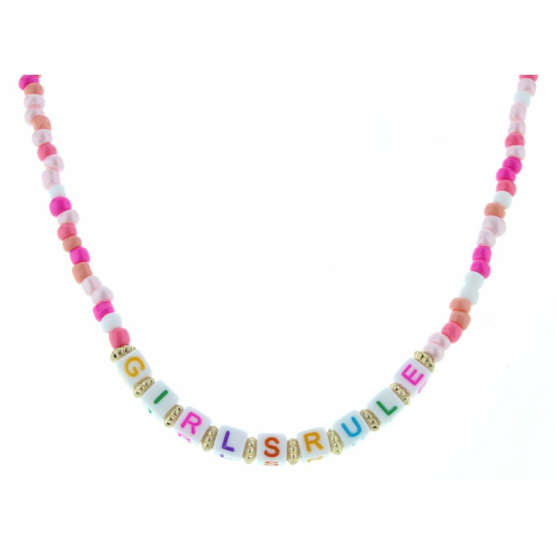 Kids 14" Block Lettered "Girls Rule" Multi Pink Beaded Necklace, 3" Ext