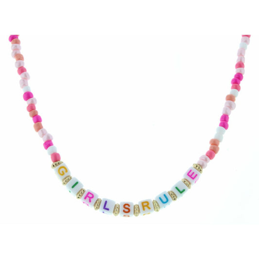 Kids 14" Block Lettered "Girls Rule" Multi Pink Beaded Necklace, 3" Ext