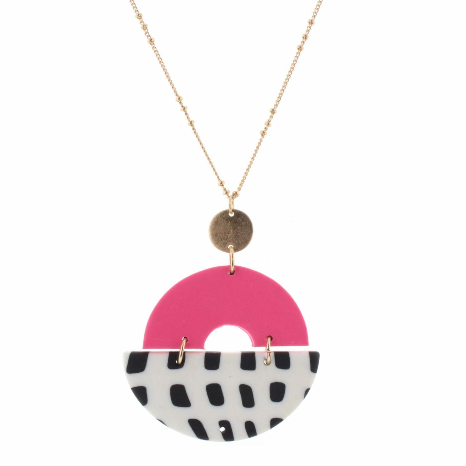 30" Polymer Clay Hot Pink Arch with White Half Circle with Black Dots Necklace, 3" Ext