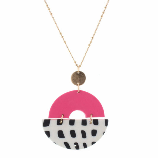 30" Polymer Clay Hot Pink Arch with White Half Circle with Black Dots Necklace, 3" Ext