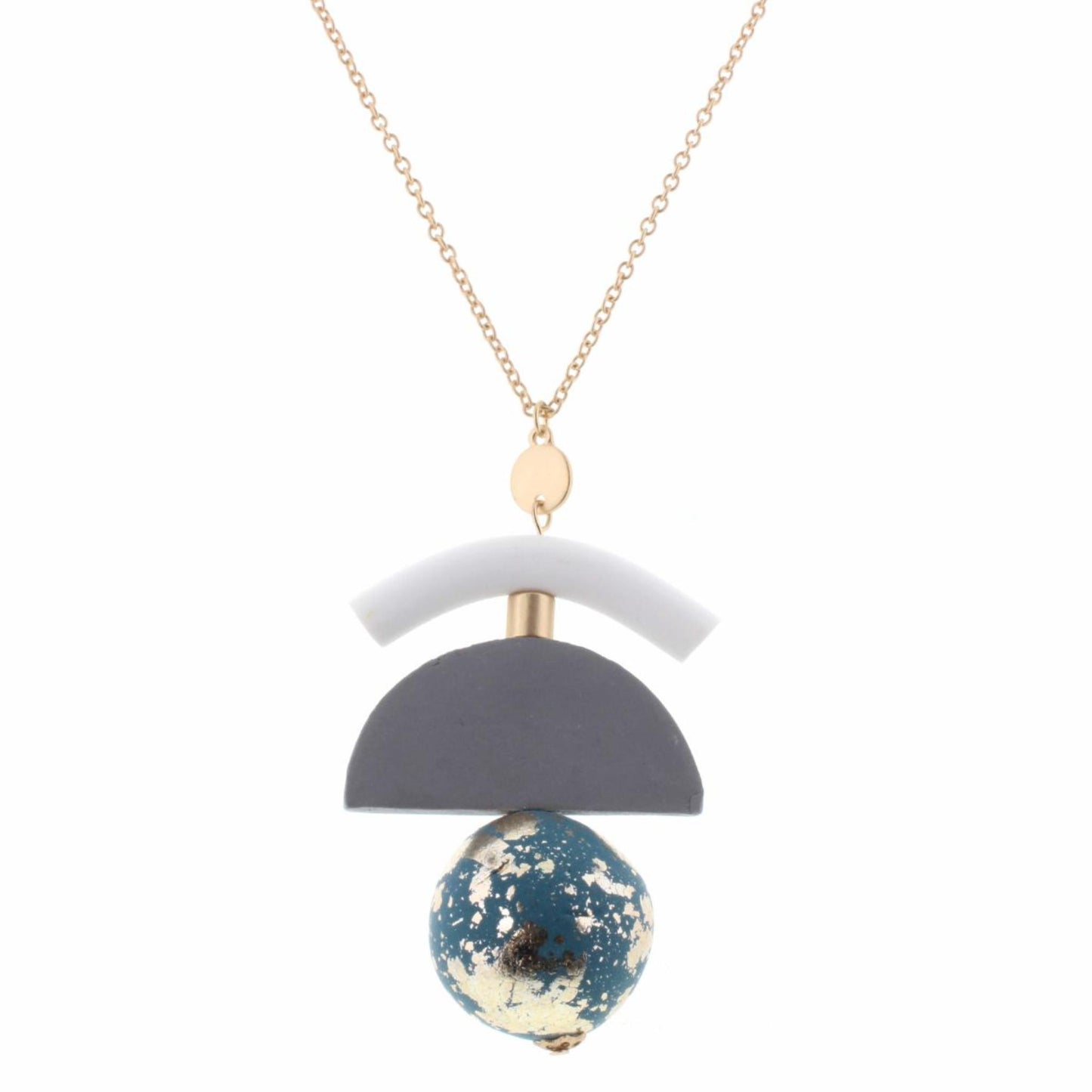 30" Polymer Clay White Tubular Arch with Grey Half Circle & Blue Gold Flaked Sphere Necklace, 3" Ext