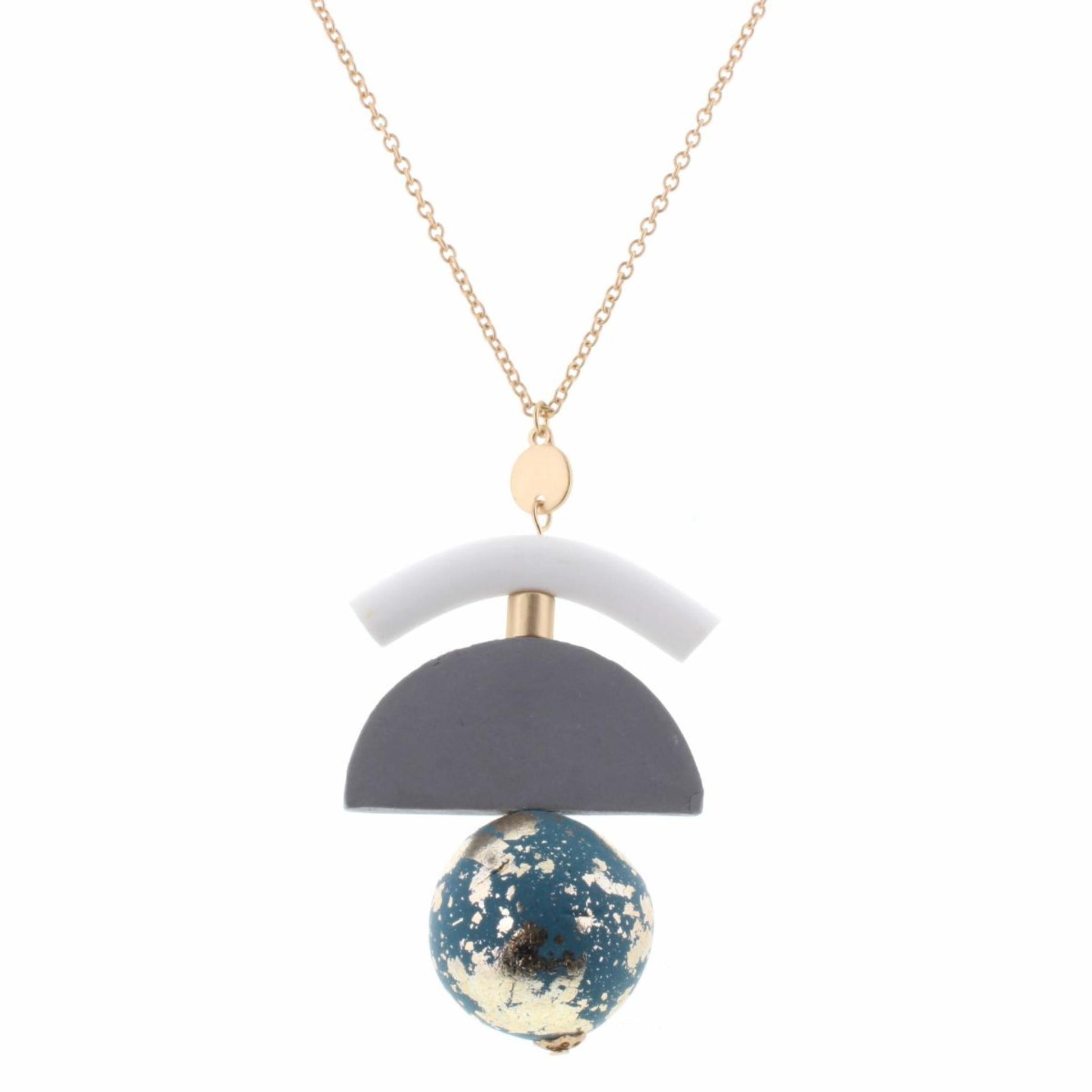 30" Polymer Clay White Tubular Arch with Grey Half Circle & Blue Gold Flaked Sphere Necklace, 3" Ext