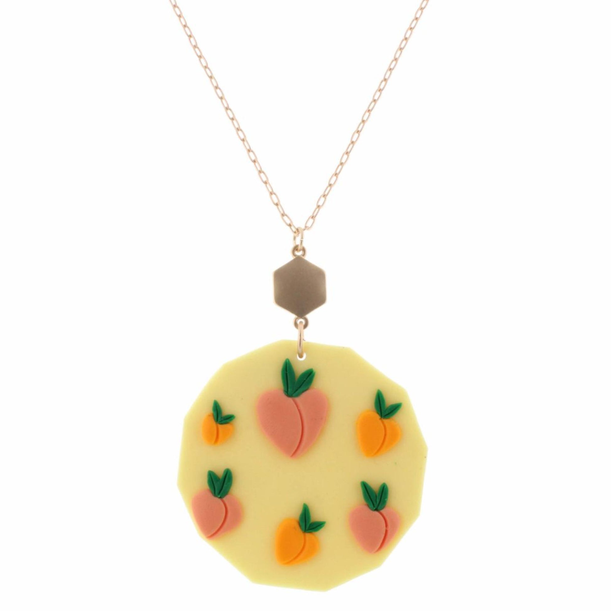 30" Polymer Clay Yellow Sided Circle with Peaches Necklace, 3" Ext