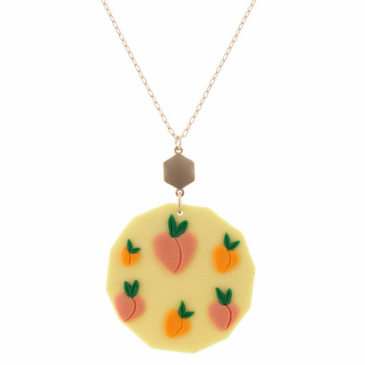 30" Polymer Clay Yellow Sided Circle with Peaches Necklace, 3" Ext