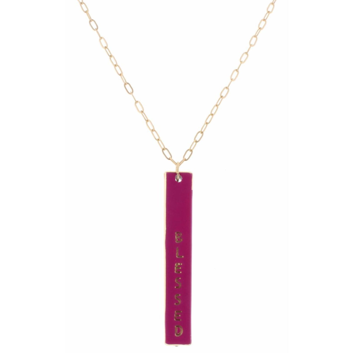 30" Hot Pink Enamel "Blessed" Double SIded Bar with Cross on Back Necklace, 3" Ext