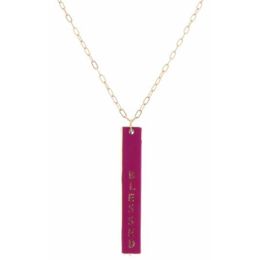 30" Hot Pink Enamel "Blessed" Double SIded Bar with Cross on Back Necklace, 3" Ext