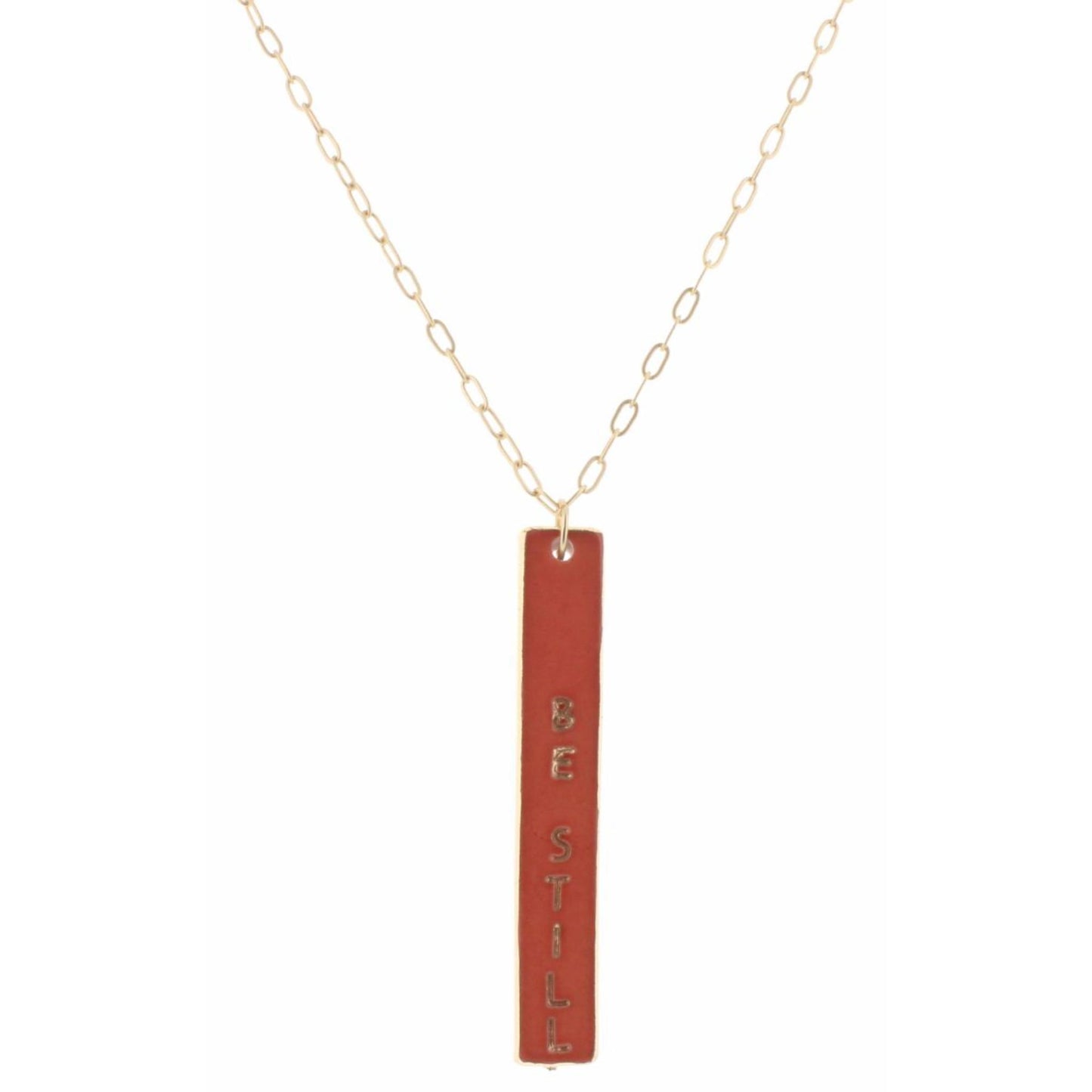 30" Orange Enamel "Be Still" Double Sided Bar with Cross on Back Necklace, 3" Ext