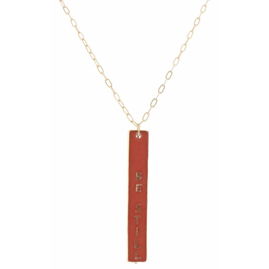 30" Orange Enamel "Be Still" Double Sided Bar with Cross on Back Necklace, 3" Ext