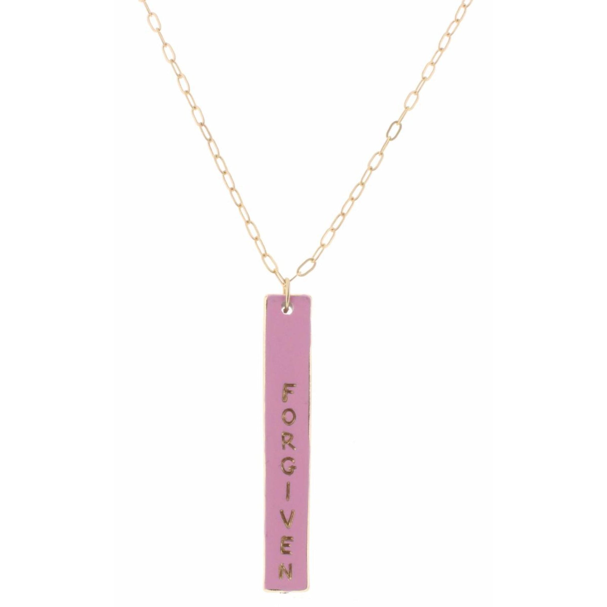 30" Pink Enamel "Forgive" Double Sided Bar with Cross on Back Necklace, 3" Ext