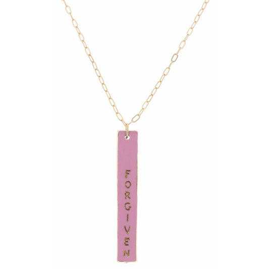 30" Pink Enamel "Forgive" Double Sided Bar with Cross on Back Necklace, 3" Ext