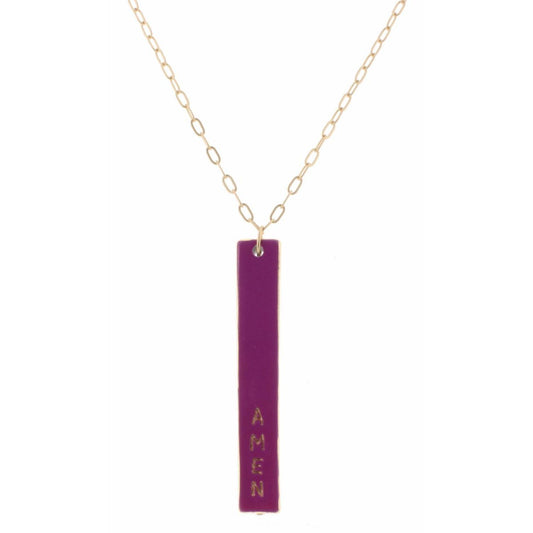 30" Purple Enamel "Amen" Double Sided Bar with Cross on Back Necklace, 3" Ext