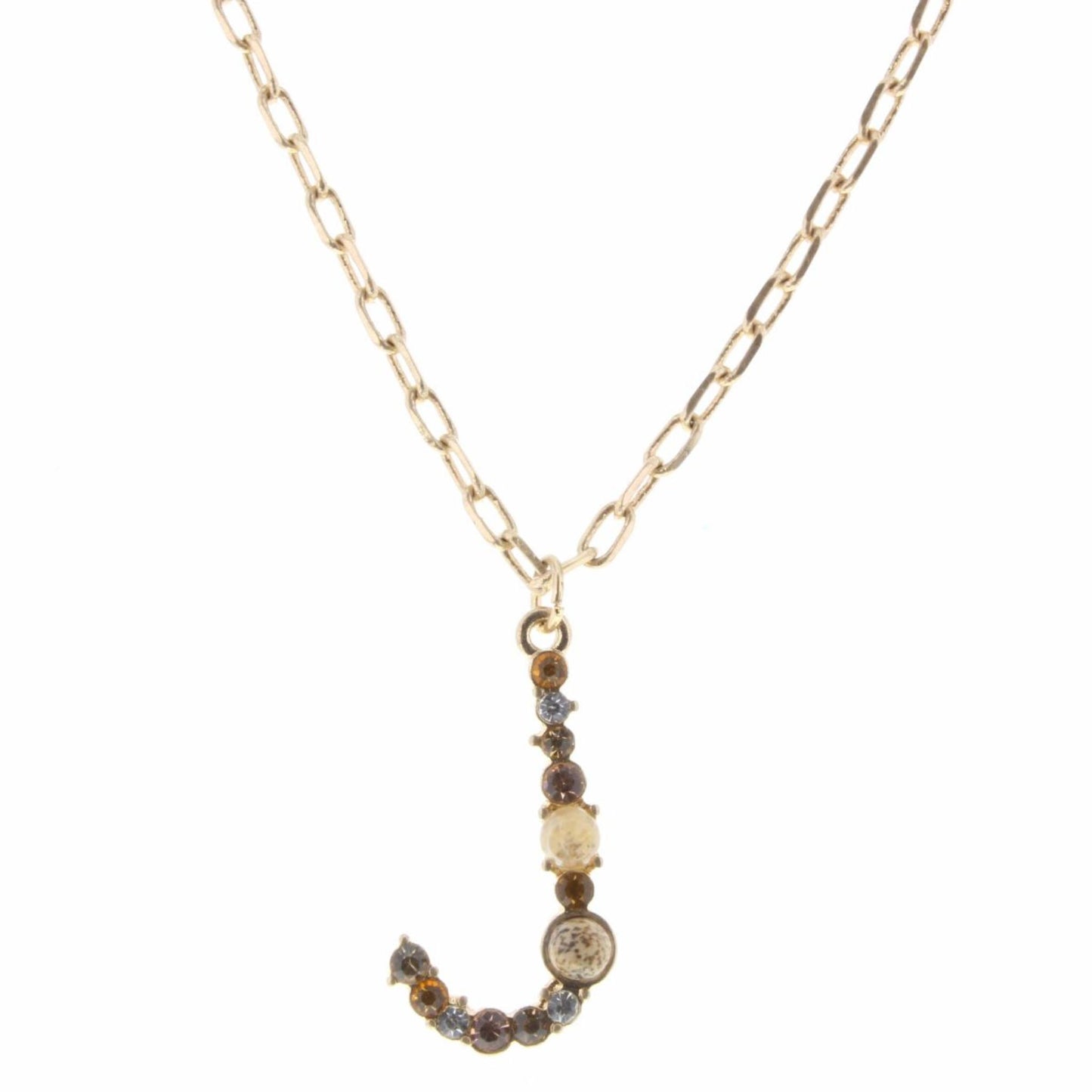 16" "J", Neutral Tone Stone & Czech Initial Necklace, 3" Ext