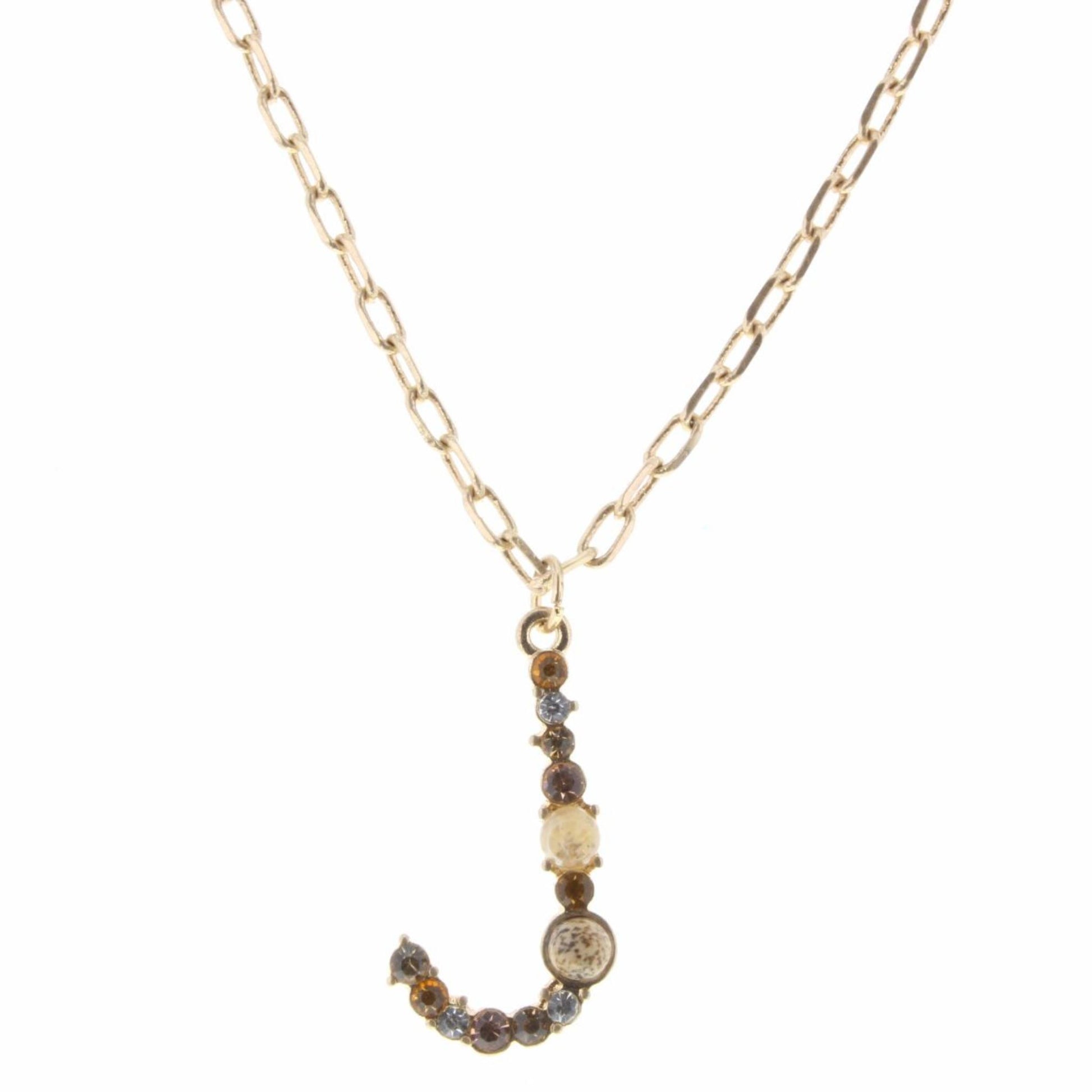 16" "J", Neutral Tone Stone & Czech Initial Necklace, 3" Ext