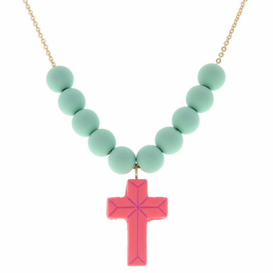 Kids 14" Mint Matte Rubber Beaded & Gold Chain with Polymer Pink Cross Necklace, 3" Ext