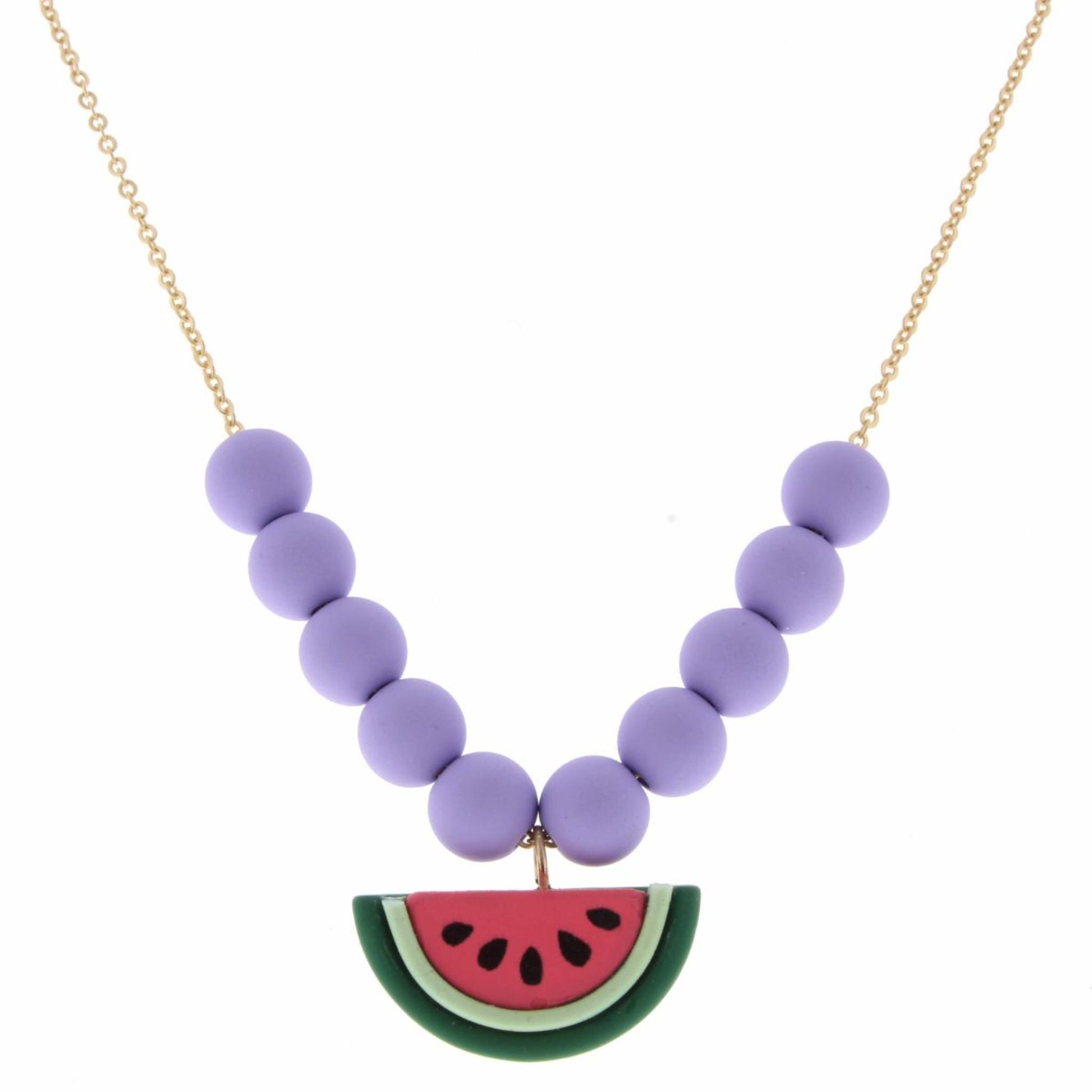 Kids 14" Purple Matte Rubber Beaded & Gold Chain with Polymer Watermelon Necklace, 3" Ext
