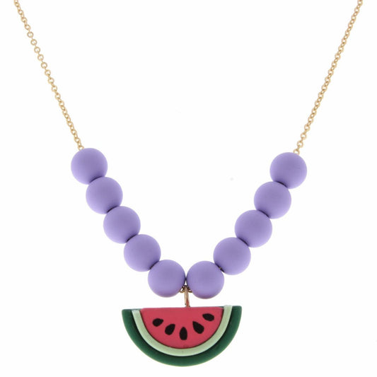 Kids 14" Purple Matte Rubber Beaded & Gold Chain with Polymer Watermelon Necklace, 3" Ext