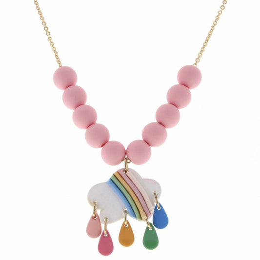 Kids 14" Pink Matte Rubber Beaded & Gold Chain with Polymer Cloud with Raindrops Necklace, 3" Ext