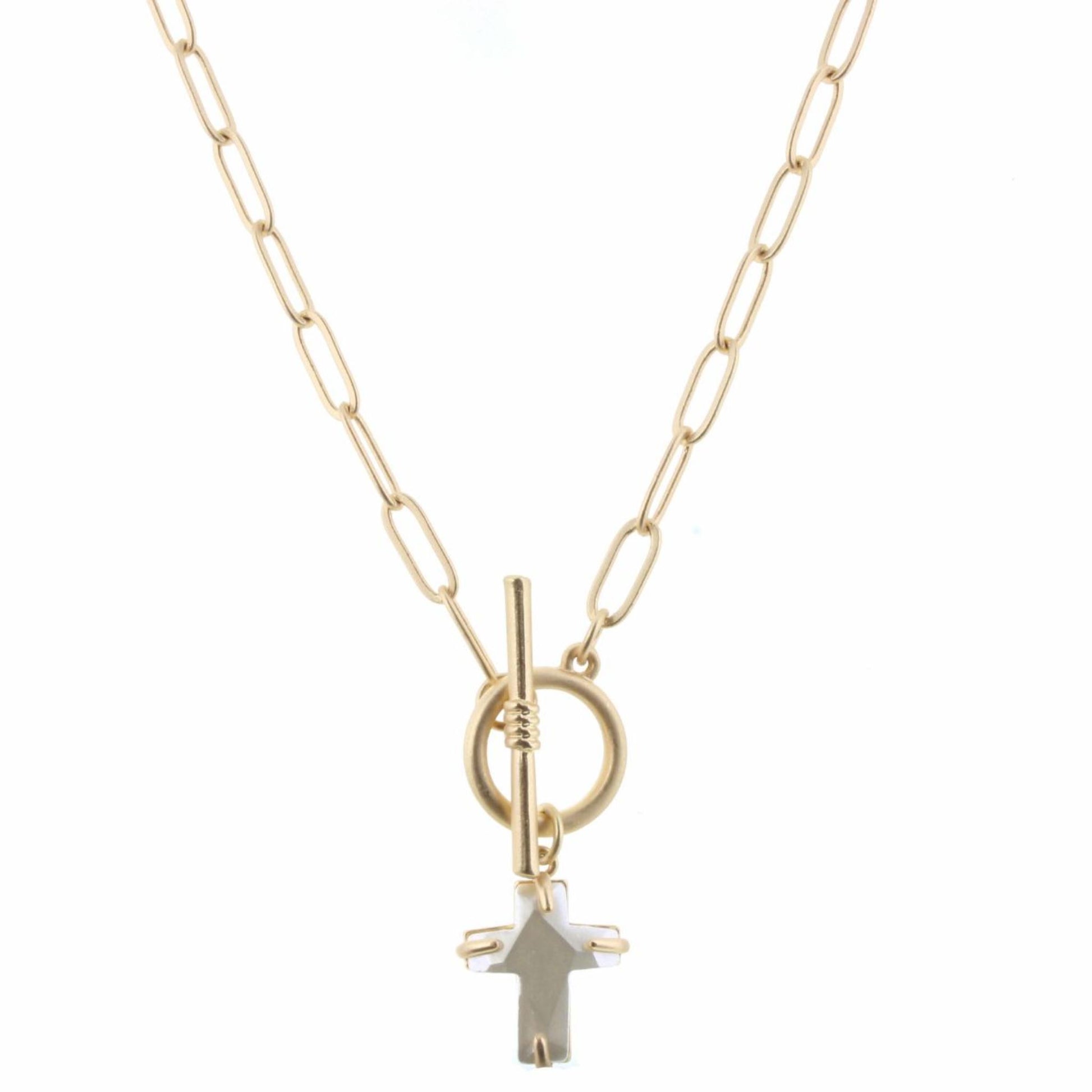 16" Gold Chain with Pearl Cross & Toggle Necklace