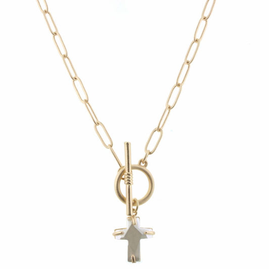 16" Gold Chain with Pearl Cross & Toggle Necklace