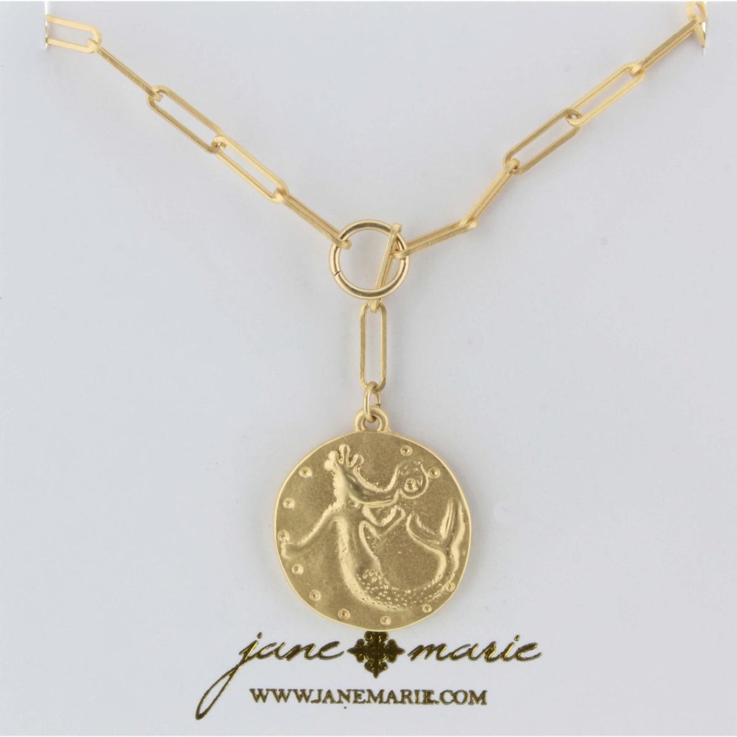 16" Gold Chain Lariat, Gold Mermaid Charm Necklace, 2" Ext
