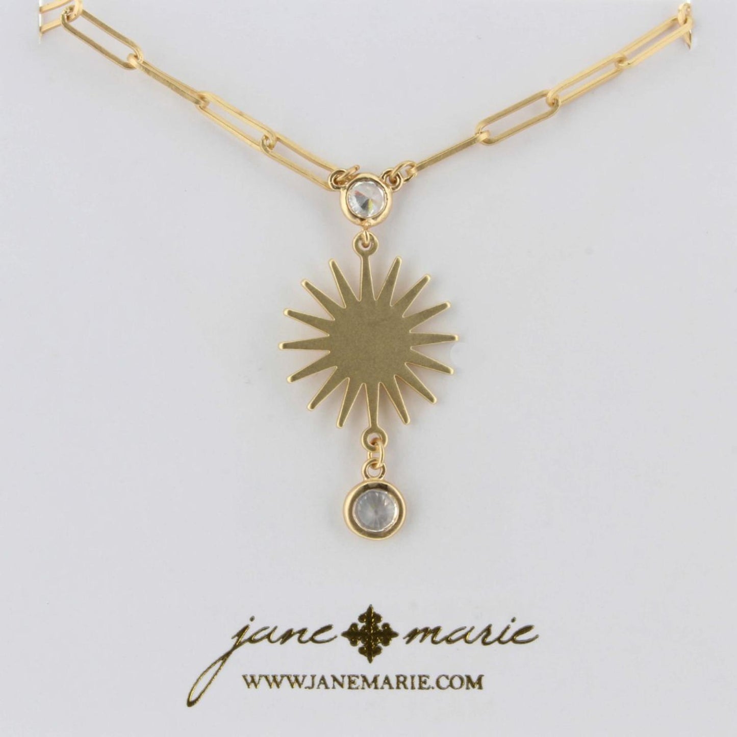 16" Gold Chain, Clear Czech with Sun & Clear Czech Dangle Charm Necklace, 2" Ext