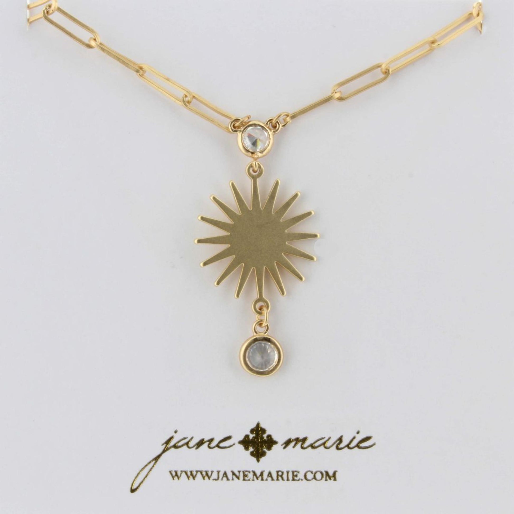 16" Gold Chain, Clear Czech with Sun & Clear Czech Dangle Charm Necklace, 2" Ext