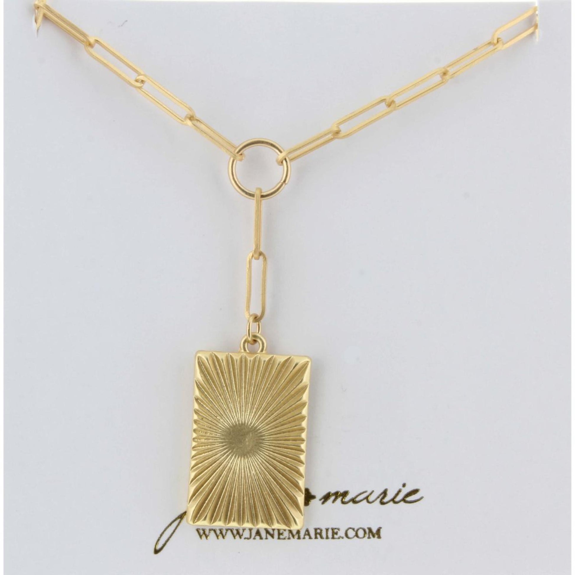 16" Gold Chain Lariat, Gold Textured Rectangle Charm Necklace, 2" Ext