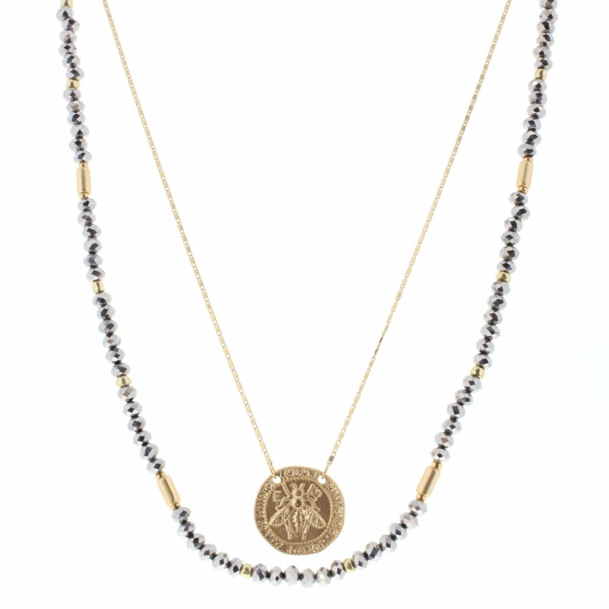 16", 18" 2 Layer Hematite Beaded, Gold Chain with Bee Circle Necklace, 3" Ext