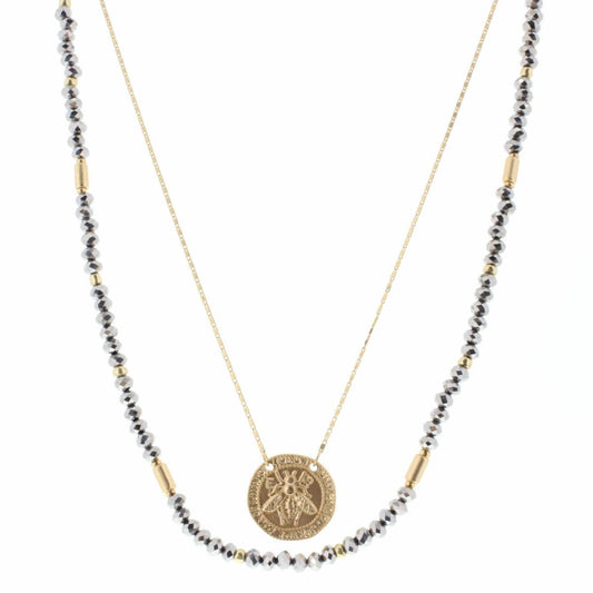 16", 18" 2 Layer Hematite Beaded, Gold Chain with Bee Circle Necklace, 3" Ext