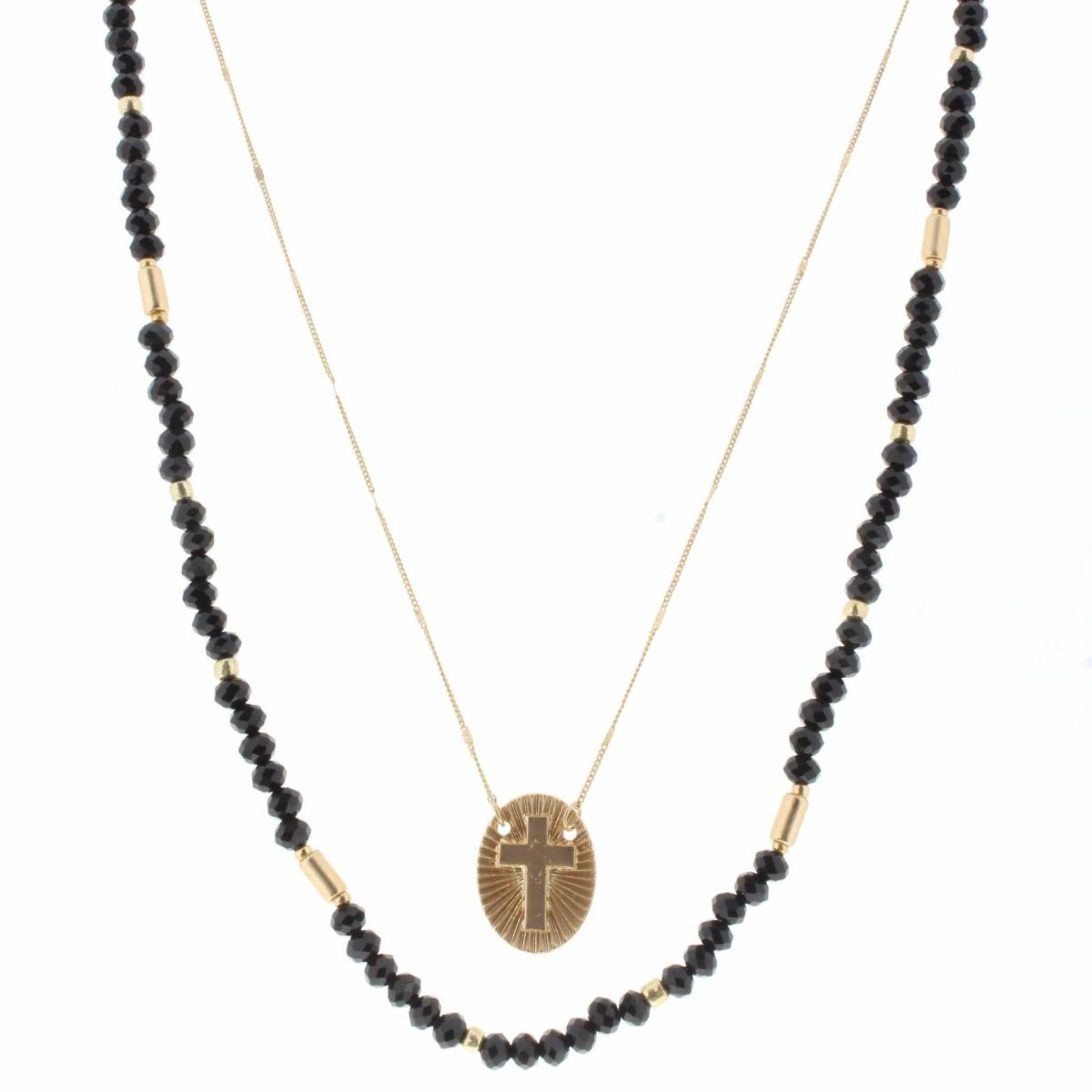 16", 18" 2 Layer Jet Beaded, Gold Chain with Cross Oval  Necklace, 3" Ext