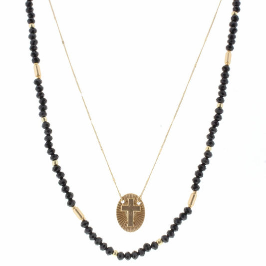 16", 18" 2 Layer Jet Beaded, Gold Chain with Cross Oval  Necklace, 3" Ext