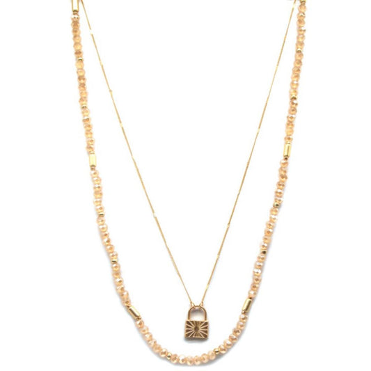 16", 18" 2 Layer Champagne Beaded, Gold Chain with Lock Necklace, 3" Ext