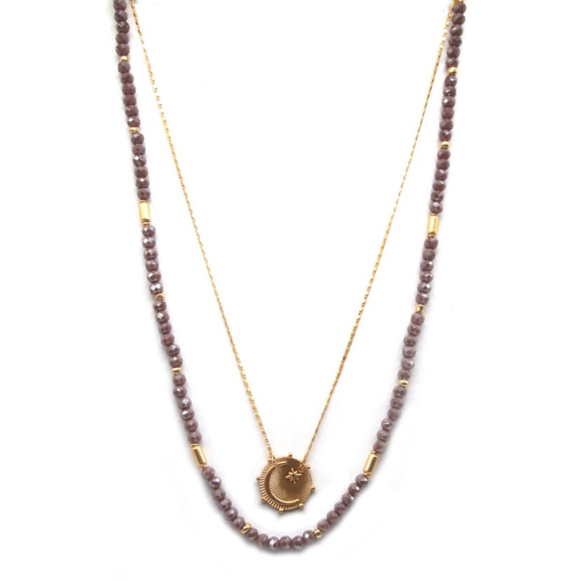 16", 18" 2 Layer Dark Amethyst Beaded, Gold Chain with Moon & Crystal Star Circle Necklace, 3" Ext