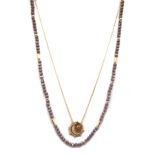 16", 18" 2 Layer Dark Amethyst Beaded, Gold Chain with Moon & Crystal Star Circle Necklace, 3" Ext
