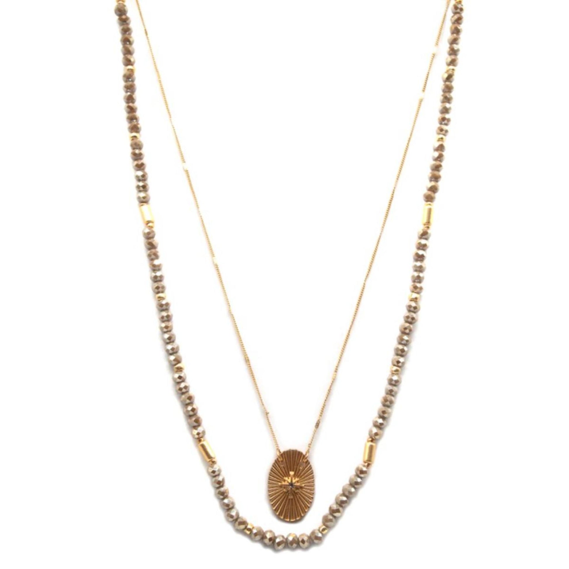 16", 18" 2 Layer Greige Beaded, Gold Chain with Star with Crystal Oval Necklace, 3" Ext