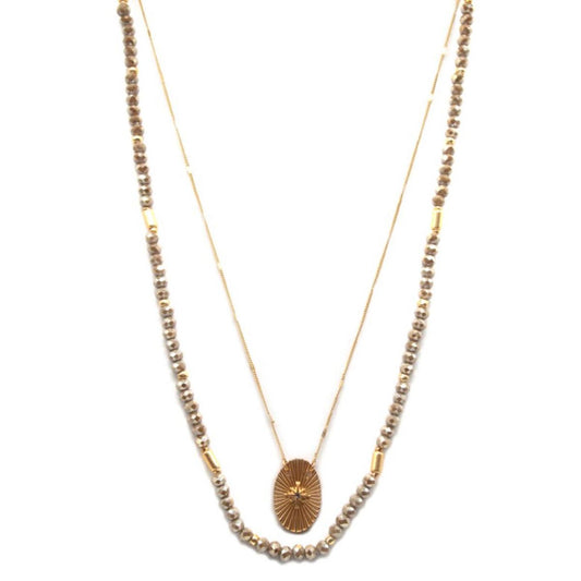 16", 18" 2 Layer Greige Beaded, Gold Chain with Star with Crystal Oval Necklace, 3" Ext