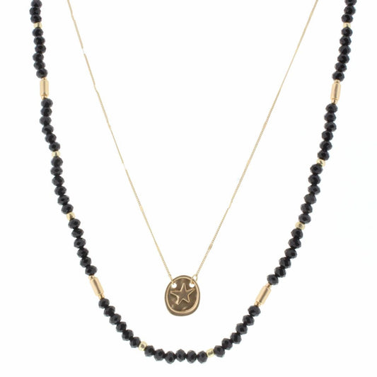 16", 18" 2 Layer Jet Beaded, Gold Chain with Star Wavy Oval Necklace, 3" Ext
