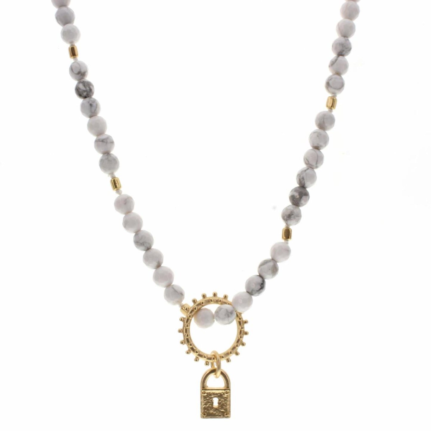 18" Howlite Beaded with Decorative Ring & Lock Charm Necklace, 3" Ext