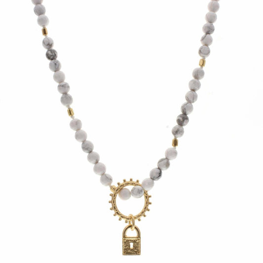 18" Howlite Beaded with Decorative Ring & Lock Charm Necklace, 3" Ext