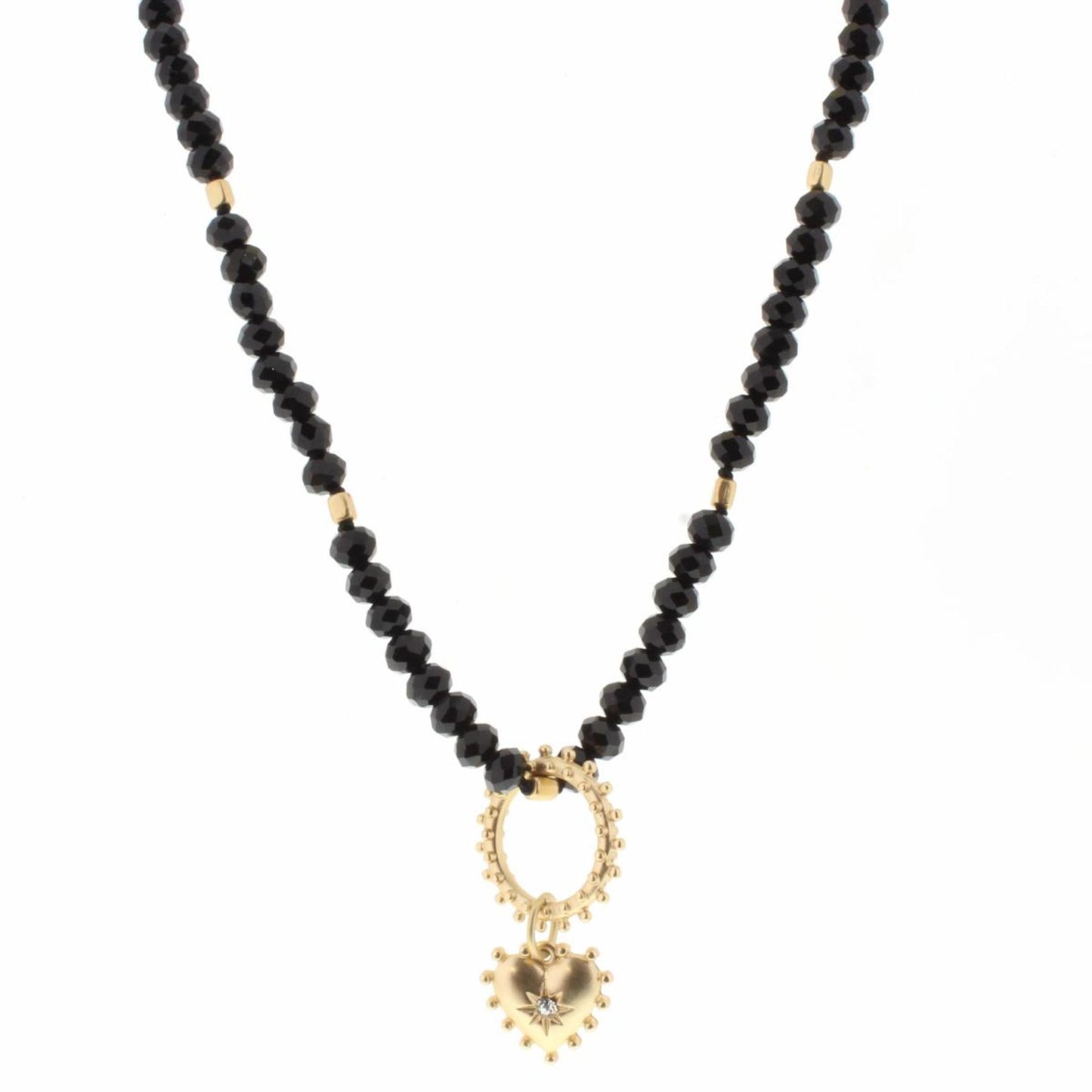 18" Jet Beaded with Decorative Ring & Heart Charm Necklace, 3" Ext