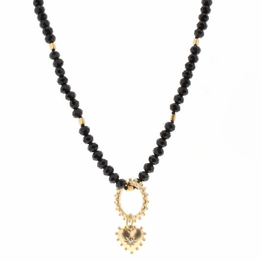 18" Jet Beaded with Decorative Ring & Heart Charm Necklace, 3" Ext