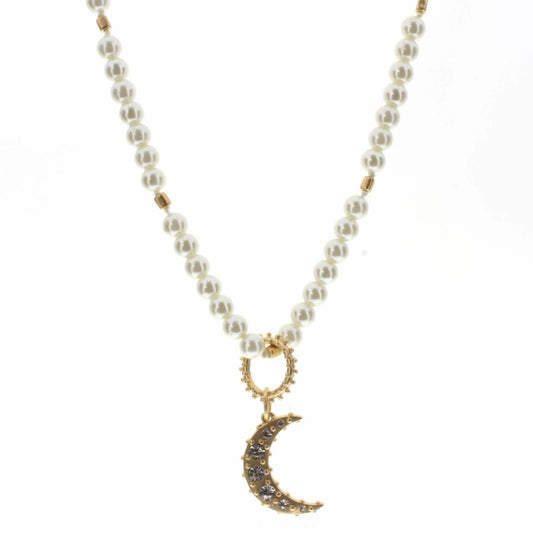 18" Pearl Beaded with Decorative Ring & Moon with Crystals Charm Necklace, 3" Ext