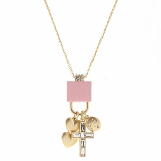 Kids Light Pink Lock with Hearts, Crystal Cross, Star Disk Charms Necklace, 2" Ext